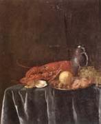 Pieter Gijsels Still life of a lemon,hazelnuts and a crab on a pewter dish,together with a lobster,oysters two wine-glasses,green grapes and a stoneware flagon,all u Sweden oil painting reproduction